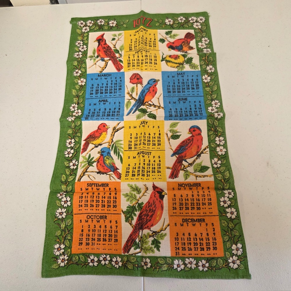 Vintage 1972 Calendar Tea Towel Linen Songbirds Cardinal Bluebird Retro Green